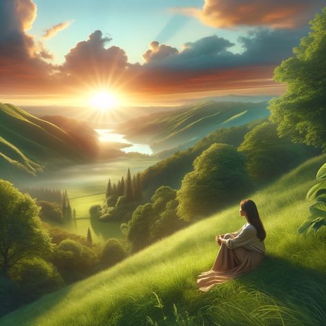 A serene and spiritual image depicting a person in a tranquil natural setting, embodying a spirit of thankfulness. The individual, a middle-aged Hispanic woman, is seen sitting peacefully on a lush green hillside, with her hands gently folded in her lap. The hill overlooks a breathtaking landscape with a radiant sunrise in the background, symbolizing hope and divine presence. The scene... Good Life Pictures, Hope Images Pictures, Love In Bible, Hope Background, Best Prayers, Birthday Wishes For A Friend Messages, In The Presence Of God, The Presence Of God, Presence Of God