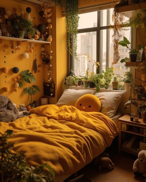 Yellow Walls Room Aesthetic, Yellow And Orange Bedroom Ideas, Earthy Yellow Bedroom, Aesthetic Bedroom Yellow, Yellow Room Inspiration, Yellow Apartment Aesthetic, Yellow Wall Room Aesthetic, Yellow Room Design, Orange Green Decor