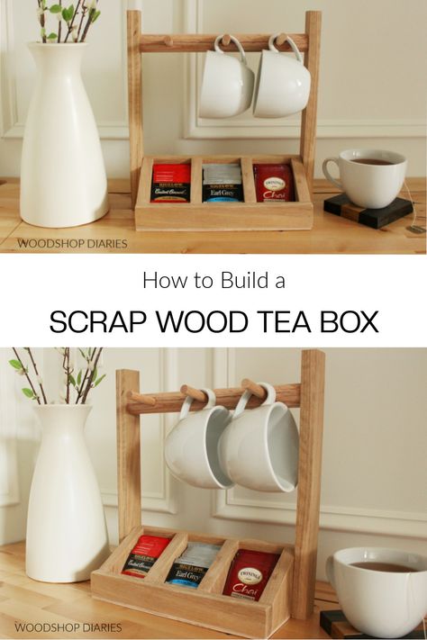 DIY Tea Storage Box with Mug Holder Wood Tea Organizer, Wood Mug Holder, Wooden Tea Box Diy, Diy Tea Box Storage, Wooden Tea Box Ideas, Wooden Mug Holder, Tea Storage Diy, Diy Tea Holder, Tea Box Ideas