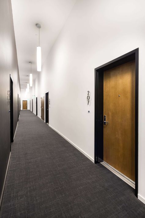 The-Line-Lofts-Apartments-Hallway - The Line Lofts Apartment Corridor Design, Apartment Entrance Lobby, Apartment Lobby Design, Apartment Building Hallway, Hotel Doors Design, Apartment Corridor, The Line Apartment, Hollywood Apartment, Hallway Decoration