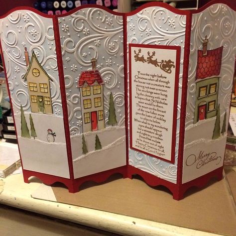 Screen Divider, Screen Cards, Christmas Card Inspiration, Christmas Paper Crafts, Homemade Christmas Cards, Stampin Up Christmas Cards, Room Screen, Gift Tag Cards, Shaped Cards