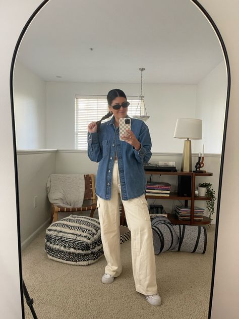 Casual spring outfit idea—cream cargo pants, denim shirt, sneakers, gold jewelry Cargo Cream Pants Outfit, Cropped Cargo Pants Outfit, Cargo Pants Denim, Cream Pants Outfit, Denim Pants Outfit, Cream Cargo Pants Outfit, Cream Cargo Pants, Spring Outfit Idea, Casual Spring Outfit