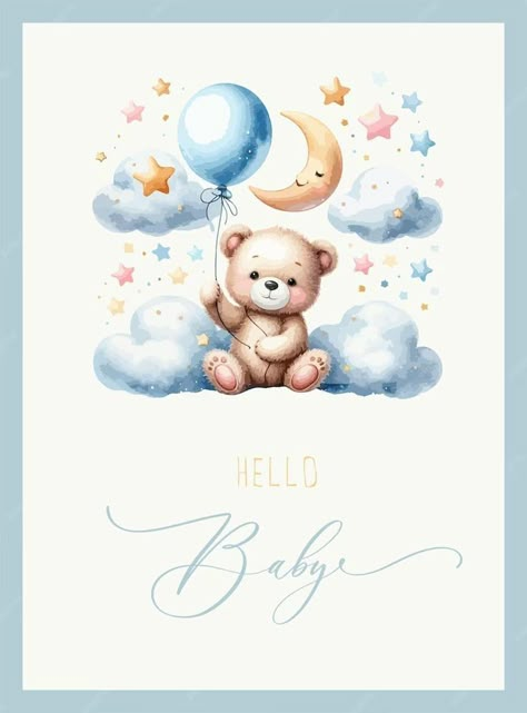 New Baby Watercolor Card, Diy Eid Gifts, Baby Boy Balloons, Welcome Baby Boy, Teddy Bear Cartoon, Monogram Wallpaper, Baby Cartoon Drawing, Idee Babyshower, Teddy Bear Clipart