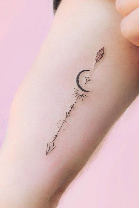 Amazing And Unforgettable Arrow Tattoo Designs ★ Minimalist Arrow Tattoo Arrow Tattoo With Symbols, Unalome Arrow Tattoos For Women, Butterfly And Arrow Tattoo, Arrow Friendship Tattoo, Girly Arrow Tattoo, Pretty Sagittarius Tattoo, Moon Arrow Tattoo Design, Arrow Symbol Tattoo, Moon With Arrow Tattoo