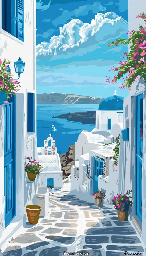 Coastal Inspired Art, Greece Wallpaper, Greece Poster, Orange Poster, Greece Painting, The Deep Blue Sea, Coastal City, New York Poster, Deep Blue Sea