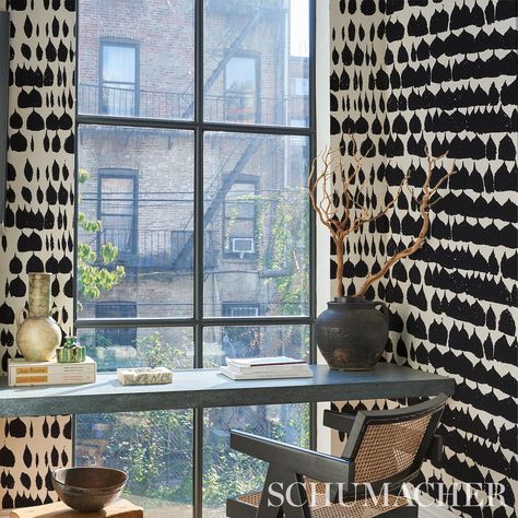 Queen Of Spain - Black Wallcoverings | Schumacher Queen Of Spain Wallpaper, Spain Wallpaper, Queen Of Spain, Schumacher Wallpaper, Black Wallpapers, Lamps Kitchen, The Joy Of Painting, Pendant Ceiling Lamp, Work Spaces