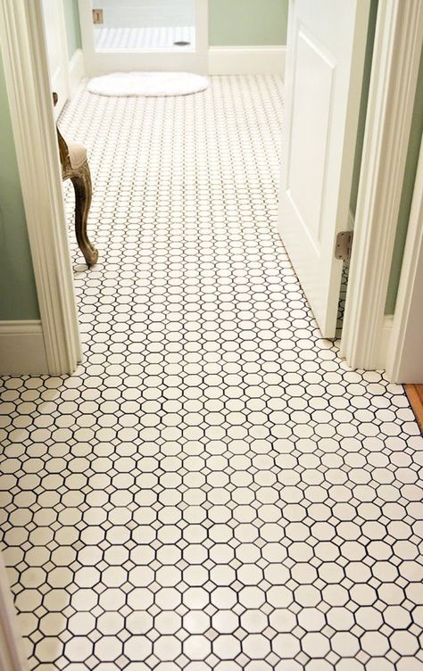 Mosaic Tile Floor Ideas for Vintage Style Bathrooms | Apartment Therapy Octagon Tile, Vintage Style Bathroom, Black Grout, Grey Grout, Mosaic Floor Tile, Bad Inspiration, Hexagon Tiles, Interior Modern, Bathroom Floor Tiles