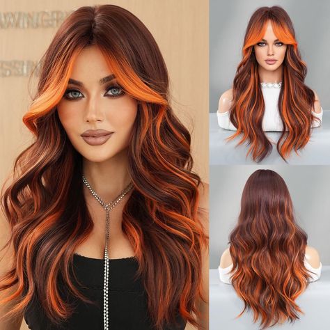 PRICES MAY VARY. 💘【Long Ombre Ginger Wig】26 Inch long wavy curly orange wig with 8 inch curtain bangs.Ginger highlight Brown wig design is more fashion,unique bright orange middle part wig brings more enthusiasm to you ! 💘【Material Selection】Synthetic high density heat resistant fiber wig(120°c), soft hair, comfortable to wear, easy to care for.Reduce shedding and knotting. 💘【Dark Roots & Curtain Bangs Wig】8 inch curtain bangs can not only be arbitrarily shaped but also perfectly hide the hai Colored Hair For Brown Hair, Orange Hair Inspiration, Dark Brown And Orange Hair, Fall Hair Colors With Highlights, Ginger Curtain Bangs, Fall Highlights For Dark Brown Hair, Brown And Orange Hair, Cute Fall Hair Colors, Orange Hair Ideas