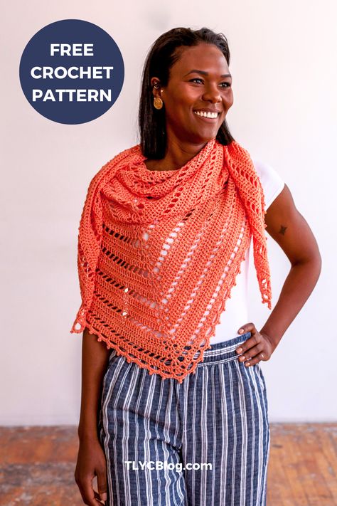 Free crochet mesh triangle scarf pattern with picot border - free crochet pattern video tutorial DIY Mother's Day gift Truboo bamboo yarn wrap pattern | TLYCBlog.com Truboo Yarn, Tl Yarn Crafts, Summer Cotton Tops, Crochet Wrap Pattern, 4mm Crochet Hook, Breathable Clothes, Triangle Shawl, Shawl Crochet, Crochet Shawls And Wraps