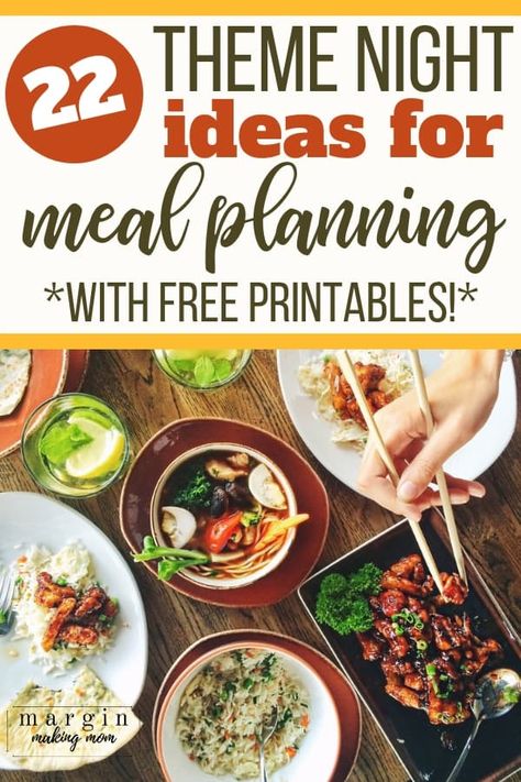 Need help creating a simple weekly menu? Try using meal plan theme nights for dinner! When you create a themed meal plan, it's easy to come up with meal ideas. Click through to get your free printable themed meal planning kit! Dinner Planning Weekly, Dinner Menu Planning, Theme Nights, Plane Food, Meal Planning Menus, Food Budget, Easy Meal Plans, Dinner Plan, Low Fat Diets