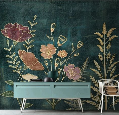 Boho Graffiti Art, Wall Mural Botanical, Boho Wall Murals Painted Floral, Vine Mural Wall, Colorful Wall Mural Interiors, Gothic Wall Mural, Hand Painted Floral Wall Mural, Floral Wall Design, Greenery Mural