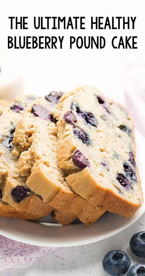 The ULTIMATE HEALTHY Blueberry Pound Cake – so easy & supremely tender from Greek yogurt (NO oil)! You NEED to try this AMAZING recipe! ♡ greek yogurt blueberry pound cake. best easy blueberry pound cake loaf. low calorie pound cake recipe. Blueberry Lemon Bread Healthy, High Protein Lemon Blueberry Cake, Healthy Blueberry Breakfast Recipes, Lemon Blueberry Bread Healthy, Healthy Lemon Blueberry Loaf, Lemon Cake Healthy Greek Yogurt, Healthy Yoghurt Cake, Healthy Lemon Blueberry Desserts, Healthy Cakes Clean Eating