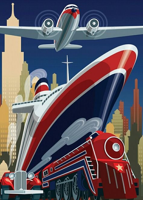 #planes #airplanes #trains #cars #church #skyscraper #building #transportation #classic #vintage #boat #yacht #oceanliner #ocean #sea Arte Art Deco, Illustration Art Nouveau, Art Deco Artwork, Art Deco Paintings, Train Posters, Graphisches Design, Retro Kunst, Art Deco Illustration, Vintage Poster Design