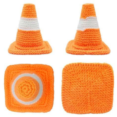 Crochet Traffic Cone Hat Pattern, Crochet Safety Cone, Crochet Traffic Cone Pattern, Crochet Cone Hat, Crochet Corn Free Pattern, Crochet Cone Shape Free Pattern, Traffic Cone Crochet Pattern, Orange Yarn Crochet Ideas, Crochet Cone Shape