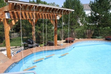 Check out these hanging swing swim up bar seats (Only Alpha Pool Products) Patio Ideas With Pool, Pool Bar Ideas, Bar Seats, Pool Seating, Backyard Patio Ideas, Pool Life, Swim Up Bar, Dream Pools, Pool Decor