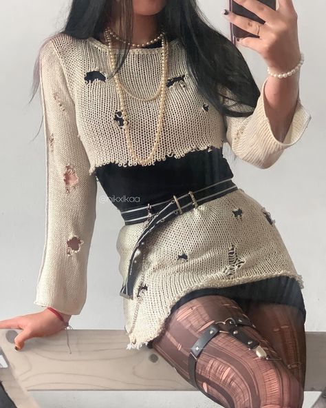 what to wear, ripped sweater dress, white sweater, pearls Grunge Sweater Dress, Ripped Dress Aesthetic, Ripped Sweater Diy, Ripped Sweater Grunge, Tights Top Diy, Ripped Sweater Outfit, Distressed Sweater Outfit, Ripped Tights Outfit, Fairy Grunge Sweater