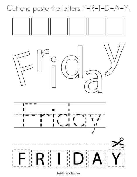 Cut and paste the letters F-R-I-D-A-Y Coloring Page - Twisty Noodle Friday Worksheet Preschool, Elementary School Math Worksheets, Learning Pages For Toddlers, Letter A Crafts For Kindergarten, Letter F Worksheets For Preschool, Letter F Preschool, Letter F Activities, Letter F Craft, Pre K Worksheets