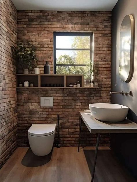 Bathroom Ideas Brick Wall, Brick Bathroom Ideas, Exposed Brick Bathroom, Brick Wall Bathroom, Exposed Brick Interior, Industrial Style House, Vintage Brick Wall, Brick Bathroom, Industrial Bathroom Design