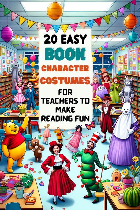 Discover 20 easy DIY book character costumes for teachers on MultiplicationHustle.com! Transform your classroom into a literary haven as you step into the shoes of iconic characters. From Matilda to Nancy Drew, these simple costume ideas are perfect for sparking a love for reading among students. Each costume is a doorway to a whimsical educational journey. Dive into the imaginative world of books with your students and make learning a fun, engaging experience! #TeacherCostumes #Literacy 3rd Grade Book Character Costumes, Children Book Costumes For Teachers, Dress Like A Book Character For Teachers, Easy Diy Book Character Costumes, Diy Book Character Costumes For Teachers, Book Character Day Ideas, Book Costumes For Teachers, Book Character Dress Up, Easy Book Character Costumes For Teacher