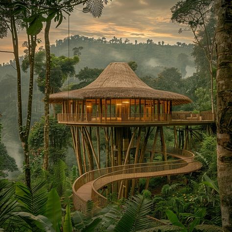 Bwindi Treetops 🦍🌳 The Bwindi Impenetrable Forest is renowned for its population of mountain gorillas, hosting nearly half of the world’s total as well as over 400 plant species, 350 bird species, and numerous mammals. #africanarchitecture #afrofutursim #vernaculararchitecture #Africa #architecture #designinspo #architectureinspo #culture #architectureschool #fyp #viral #archhunter #archgini #architizer #archdaily #midjourneyarchitect #midjourney #ai #aiarchitecture Bamboo House Bali, Apaneca, Africa Architecture, House On Stilt, Mountain Gorillas, Wood Restaurant, African Tree, Woods Restaurant, Geodesic Dome Homes