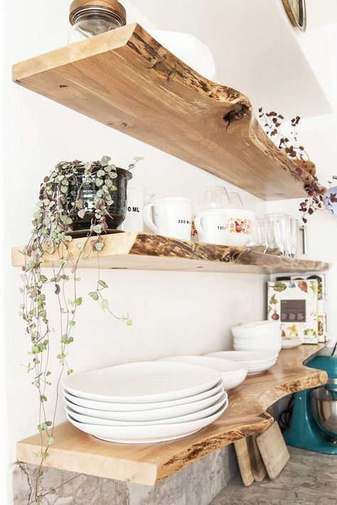 Floating Kitchen Shelves, Diy Shelf Brackets, Live Edge Shelves, Diy Rustic Home, Rustic Kitchen Island, Floating Shelves Diy, Diy Kitchen Island, Estantes Flotantes, Trendy Bathroom