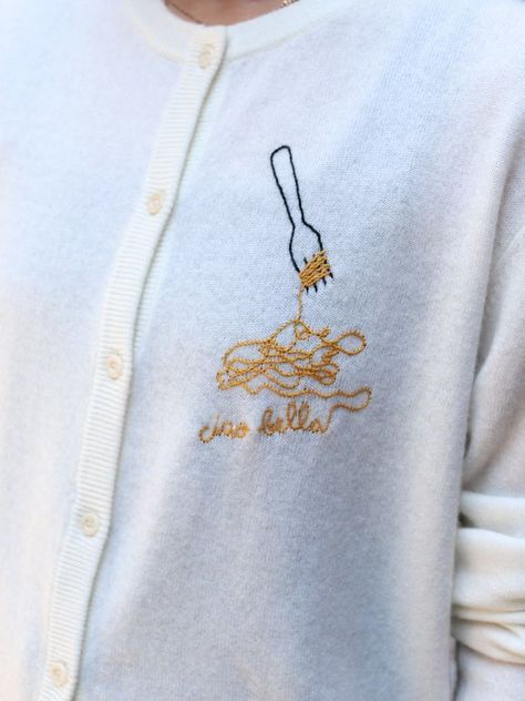 Pasta Lover Cardigan Cake Embroidery Designs, Italian Embroidery Design, Gifts To Embroider, Espresso Martini Embroidery, Embroidery On Cardigan, Small Embroidery Motifs, Pasta Embroidery, Beaded Embroidery Designs, Basic Embroidery Designs