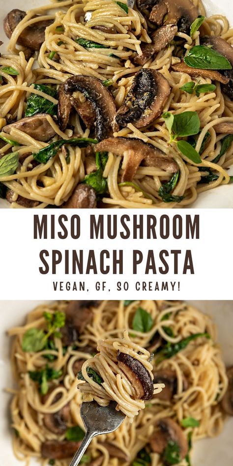 Miso Recipes Vegetarian, Vegan Spinach Recipes, Mushroom Spinach Pasta, Pb Recipes, Crispy Mushrooms, Miso Recipes, Aip Bagels, Vegan Mushroom Pasta, Pasta Toppings