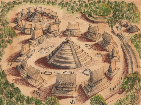 Illustration showing the Guachimontones site in Mexico Lost City Of Z, Alice In Wonderland Illustrations, Grey Alien, Dungeons And Dragons Miniatures, Ancient Technology, Mythology Art, Ancient Artifacts, Archaeological Site, Ancient Cultures