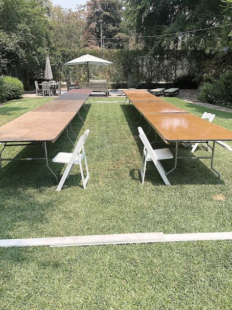 How I Built an Outdoor Dining Room for Sixty Five Guests Outdoor Party Tables, Outdoor Table Set Up For Party, Outdoor Backyard Party Decor, Outdoor Seating For Party, Backyard Anniversary Dinner Party, Engagement Party Park Ideas, Casual Outdoor Dinner Party, Seating For Outdoor Party, Outdoor Party Layout