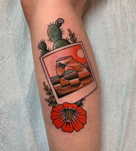 Utah Traditional Tattoo, American Traditional Southwest Tattoo, Traditional Arizona Tattoo, Polaroid Picture Tattoo Sleeve, Utah Arches Tattoo, Polaroid Tattoo Traditional, Arches Tattoo Utah, American Traditional Outdoors Tattoo, Moab Tattoo Ideas