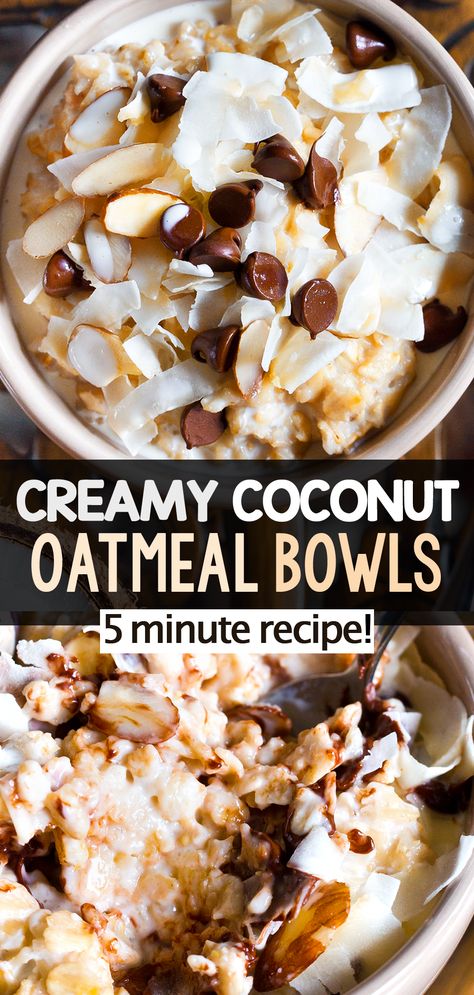 5 Minute Creamy Coconut Oatmeal Bowls (Healthy Breakfast Oats) Coconut Cream Oatmeal, Coconut Oatmeal Recipes, Coconut Baked Oats, Coconut Cream Breakfast, Instapot Oatmeal Recipe, Breakfast Recipes With Oats, Coconut Breakfast Recipes, Hot Healthy Breakfast, Oat Breakfast Ideas