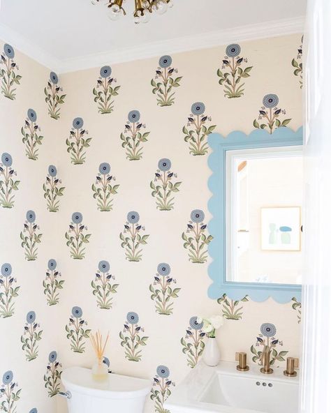 I know I just posted a bathroom papered in Large Marigold grasscloth but this one is just too sweet not to share. Design by… | Instagram Marigold Wallpaper, Guest Bedroom Design, Southern Cottage, Girls Bathroom, Bathroom Renos, Stencils Wall, Guest Bathroom, Fixer Upper, Guest Bedroom