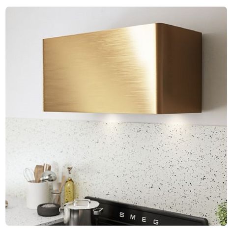 Rustica gold color brass range hood in contemporary style made of smooth metal. Brass Range Hood Kitchen, Gold Kitchen Range Hood, Gold Stove Hood, Brass Oven Hood, Large Metal Range Hood, Brass Kitchen Hood, Gold Hood Vent, Brass Hood Vent, Modern Range Hood Ideas