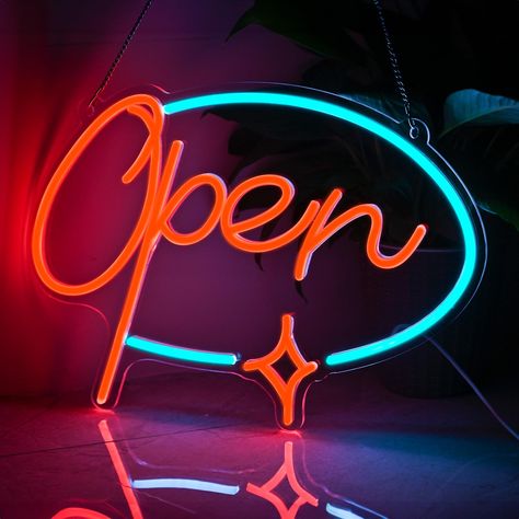 PRICES MAY VARY. ✨【Bright Neon Open Sign】You will get 1pc blue and red cool open neon light sign with star symbol (15.75 * 11.4 inch), 1pc 3m long dimmable usb powered power cord, 2pcs hooks, 2 sets of screws and 1pc 24.8 inch hanging chain. Great value pack of led neon open sign for business with everything you need, perfect for as your bar, salon, coffee shop, hotel, restaurant or small business window decor. ✨【Premium & Safe Material】Our led neon sign is made of 0.2 inches thicker transparent Bar Open Sign, Open Neon Sign, Led Open Sign, Signs For Business, Neon Open Sign, Star Symbol, Open Sign, School Supply Store, Neon Sign Shop