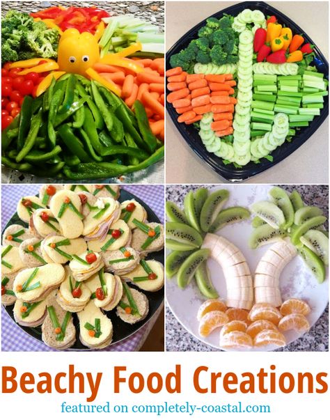 These party foods and food creations are awesome for any occasion! Fun ideas that will surprise your guests and take snacking to sea! Party food ideas featured on Completely Coastal. Luau Vegetable Tray, Finger Foods For Beach Party, Nautical Veggie Tray, Ocean Themed Veggies, Fish Shaped Cheese Ball, Seashell Food Ideas, Finger Food Pool Party, Charcuterie Board Ocean Theme, Beach Themed Foods For Party