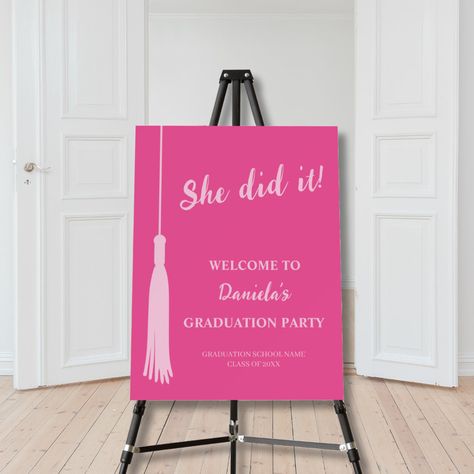 This Graduation Welcome Sign boasts a "She Did It!" making it the perfect way to commemorate hard work and dedication. Introducing our Graduation Party Collection for the Class of 2024. Elevate your celebration with our trendy hot pink and blush pink designs, exuding contemporary elegance. Features a minimalist symbolic tassel motif, representing the journey of achievement.  From sleek invitations that set the tone to striking banners that adorn your venue, every detail reflects modern sophistic Sign Board Design Ideas, Graduation Photobooth Decoration Ideas, Elle Woods Graduation Party, Pink Graduation Decorations, College Graduation Party Ideas For Women, Pink Theme Graduation Party, Pink High School Graduation Party, Hot Pink Graduation Party Decorations, Graduation Party Pink