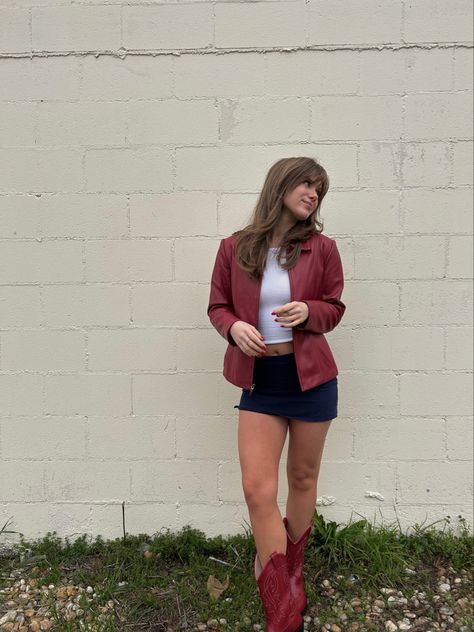 Western Outfits Women Red Boots, Cowboy Jacket Aesthetic, How To Wear Red Cowboy Boots, Red Leather Cowboy Boots, Short Cowboy Boots With Dress, Red Leather Boots Aesthetic, Vintage Red Leather Jacket Outfit, Leather Jacket Cowboy Boots Outfit, Style Red Cowboy Boots