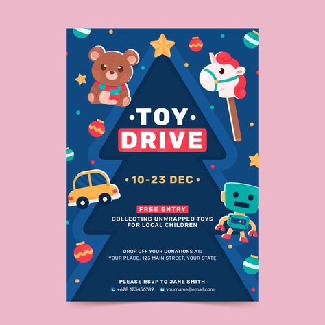 Flat christmas toy drive vertical poster... | Premium Vector #Freepik #vector #poster #christmas #noel #celebration Toy Poster Design, Christmas Toy Drive, Christmas Poster Design, Drive Poster, Christmas Graphic Design, Toy Drive, Poster Christmas, Holiday Graphics, Poster Diy