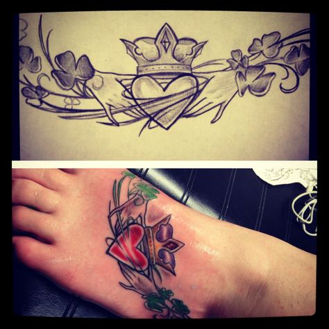 foot tattoo. irish claddagh. paper to skin.   $ respect peoples tattoos. use it as inspiration, not a flash rack $ Heart Ring Tattoo, Claddagh Ring Tattoo, Irish Claddagh Tattoo, Foot Tattoo Designs, Claddagh Tattoo, Tattoo Celtic, Ring Tattoo Designs, Meaning Tattoos, Tattoo Band