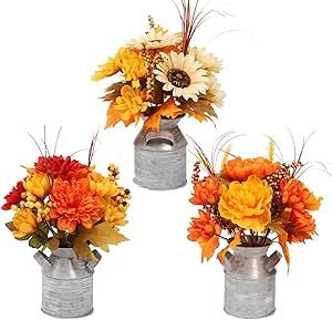 Harvest Table Centerpieces, Faux Potted Plants, Farmhouse Home Office, Thanksgiving Floral Arrangements, Harvest Festival Decorations, Sunflower Centerpieces, Thanksgiving Floral, Thanksgiving Flowers, Tin Bucket