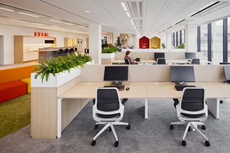 Open Office Workstations Design, Open Space Office Layout, Office Workstations Design, Office Workstations Design Interiors, Workstation Office Workspace, Planter Partition, Corporate Office Design Workspaces, Open Office Workstations, Call Center Design