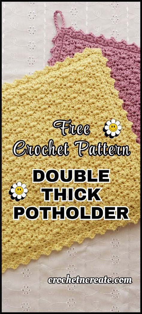 Crochet double thick potholder, quick free crochet pattern from crochet 'n' create Crochet Pot Holders Free Pattern Hot Pads Vintage Potholders, Crochet Potholders Patterns, Crochet Thick Potholders, Crochet Pot Holders Free Pattern Easy Hot Pads, Round Potholders Free Pattern, Double Thick Crochet Potholder Pattern, Crocheted Pot Holders Free Pattern, Crochet Oven Potholders, Crochet Pot Holders Free Pattern Easy Potholders