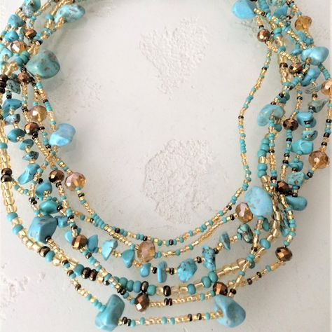 Artisan Czech Glass Bead 6 Strand 18" Long Fashion Statement Necklace Turquoise Gold A Total Length Of 18" Long, With Glass Beads & Semi Precious Stone Chips. Easy To Open/Close Magnetic Clasp. One Of A Kind Necklace Handcrafted/No Two Are Exactly Alike Czech Glass Beads Are Know World Wide For Their Quality, Vibrant Colors Handmade In Guatemala Using Artisan Crafted Czech Glass Beads. Principles Of Fair Trade Are Upheld. Leaf Beads Necklace, Glass Bead Jewelry, Enchanted Jewelry, Stone Bead Jewelry, Beaded Necklace Designs, Layering Necklaces, Stone Chips, Turquoise Bead Necklaces, Necklace Turquoise