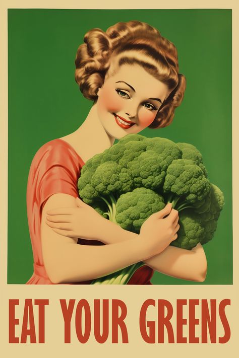 retro kitchen poster. eat your greens Vegetarian Poster, Poster Funny, Retro Print, Retro Wall Art, Retro Wall, Broccoli, Healthy Eating, Funny