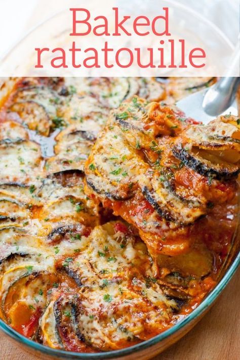 Cheesy Vegetable Casserole, Baked Ratatouille Recipe, Confit Byaldi, Baked Ratatouille, Easy Ratatouille Recipes, Cheesy Vegetable, Paprika Sauce, Ratatouille Recipe, Eggplant Dishes