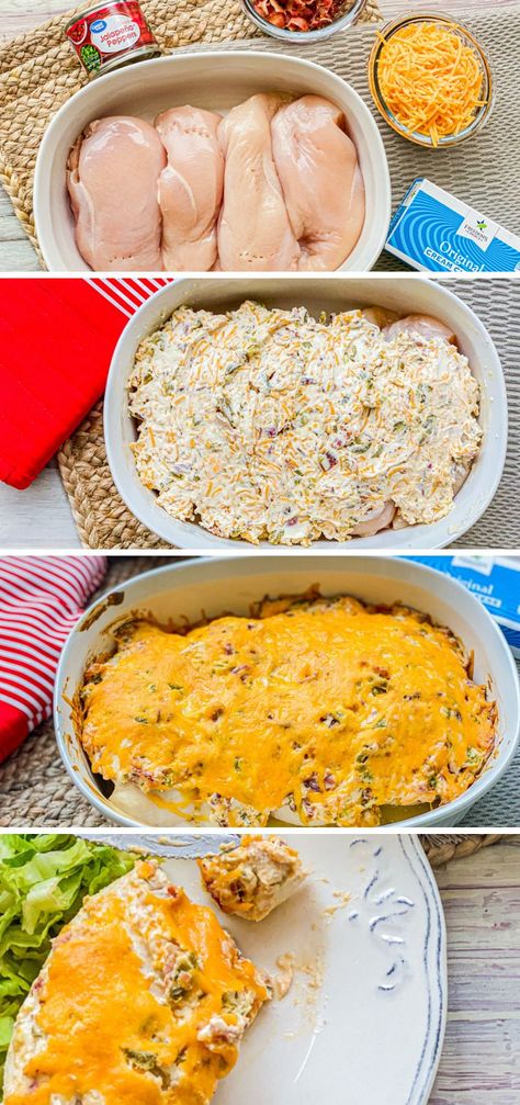 This Jalapeño Chicken Popper Bake is made with juicy flavorful chicken breast topped with crunchy bacon, gooey cheddar cheese, and spicy diced jalapeños, then baked to a bubbly, golden perfection. Jalapeno Chicken Recipes, Cheddar Recipes, Chicken Poppers, Popper Chicken, Jalapeno Popper Chicken, Chicken Tenderloin, Jalapeno Chicken, Oven Chicken, Chicken Main Dishes