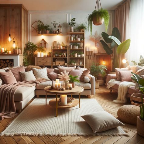 Photo of a cozy living room with soft lighting, plush cushions, wooden furniture, and indoor plants, embodying home inspo vibes. Natural Wood Apartment Decor, Cozy Living Room Art, Cutest Living Room, Botanical Style Living Room, Living Room Interior Aesthetic, Cosy Interior Design Living Room, Bohemian Living Room Plants, Home Decor Comfy, Cozy Plant Decor