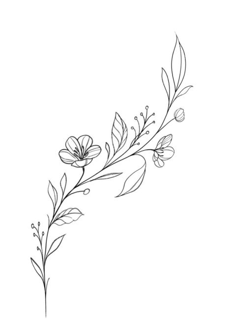 Fine Line Flower Tattoo Design, Horizontal Tattoo Design, Rib Tattoo Stencil, Flowers Drawing Outline, Floral Line Tattoo, Line Work Flower Tattoo, Floral Outline Drawing, Flower Fine Line Tattoo, Flower Vine Drawing