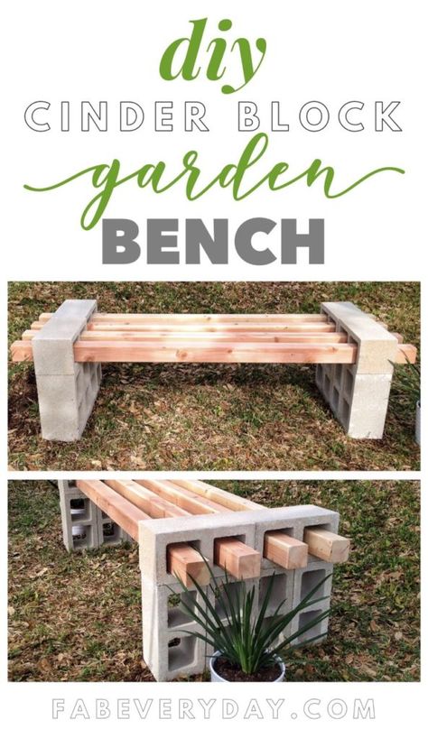 DIY cinder block garden bench project using 12 cinder blocks and four 4"x4"s! Click or visit FabEveryday.com for the full instructions on this quick outdoor bench project and a link to our coordinating DIY cinder block raised garden bed project. Pin this to your outdoor décor and garden project boards! #diy #diybench #diygardenbench #diygardenprojects #outdoordecor #outdoorfurniture #backyarddecor #outdoorbench #gardenbench #cinderblock #cinderblocks #lumber #gardenstyle #fabdecor Diy Cinder Block Bench, Cinder Blocks Diy, Cinder Block Furniture, Cinder Block Bench, Diy Bank, Block Bench, Backyard Patio Furniture, Cinder Block Garden, Garden Bench Diy