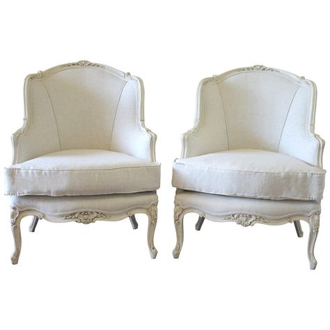 Pair Of 1stdibs Bergere Chairs - Painted Style Upholstered Bergère Louis Xv Upholstery, Linen, Wood Burlap Upholstery, Bergere Chairs, Paint Upholstery, Witch Cottage, Antiquing Glaze, Oyster White, Bergere Chair, Settee Sofa, French Provincial